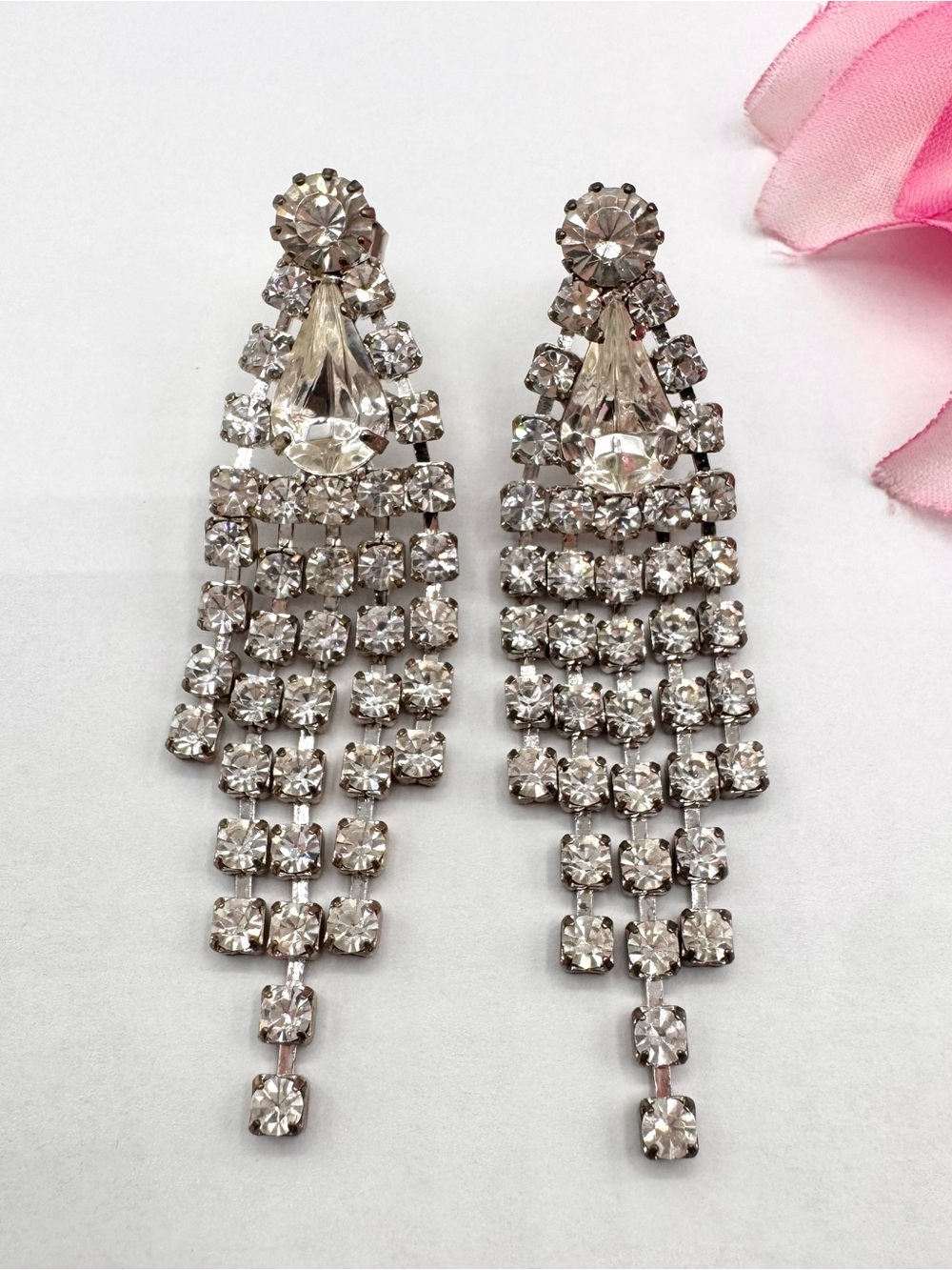 Vintage Rhinestone Waterfall Drop Earrings Tassel Curtain Old Hollywood Glam